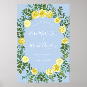 Poster Jaune clair et bleu pâle Rose Mariage floral