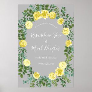 Poster Jaune clair et gris pivoine et Rose Mariage floral