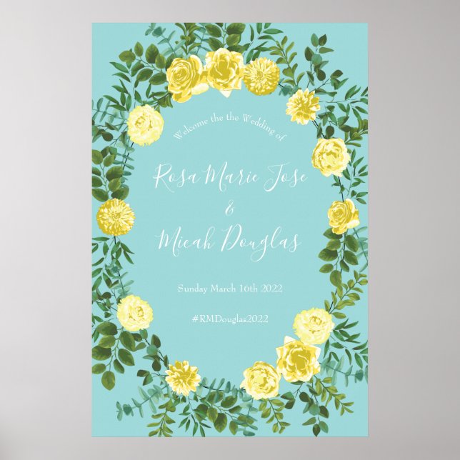 Poster Jaune et Aqua Vintage Ressort Mariage Floral (Devant)