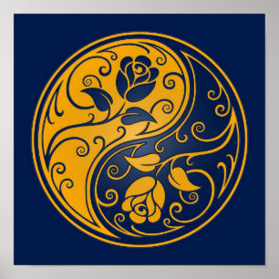 Poster Jaune et bleu Yin Yang Roses