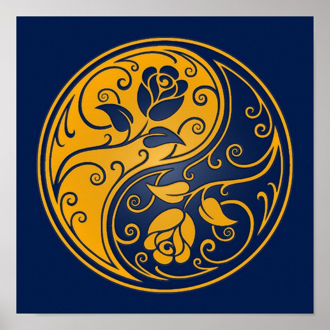 Poster Jaune et bleu Yin Yang Roses (Devant)