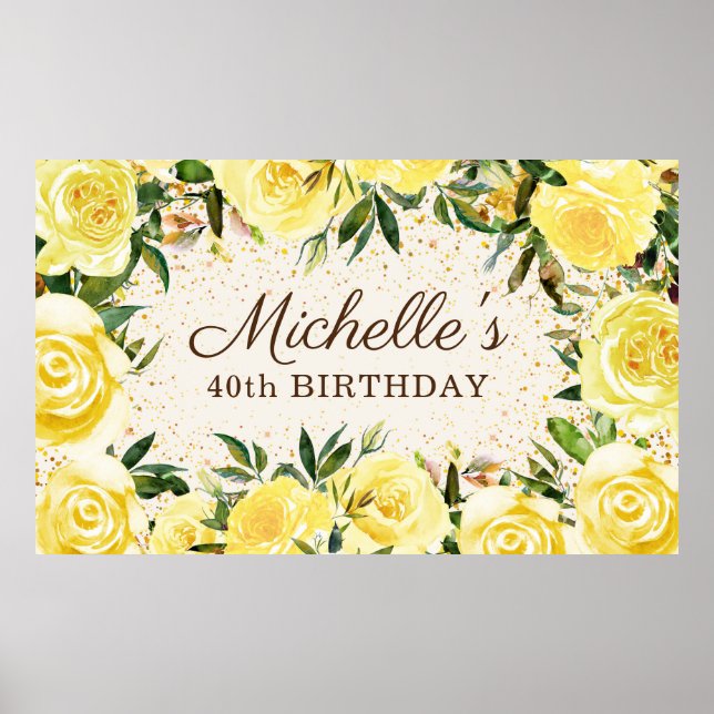 Poster Jaune Floral Rose Parties scintillant or 40e anniv (Devant)