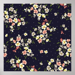 Poster jaune rose et marron petites fleurs avec lea vert