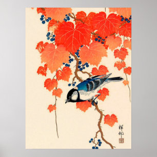 Poster Jay Bird japonais vintage et Grapevine d'automne