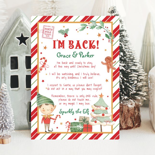 Poster Je suis de retour Bienvenue Retour Lettre elfe de  (I'm Back Christmas Elf Letter that is editable, personalized letter from your Elf. Print at home.)