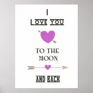 Poster Je t'aime à la lune et au dos avec des coeurs