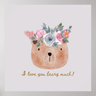Poster Je t'aime beaucoup à faire attention ! Ours mignon