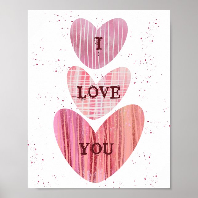 Poster Je t'aime Valentine Rose Aquarelle Coeurs (Devant)