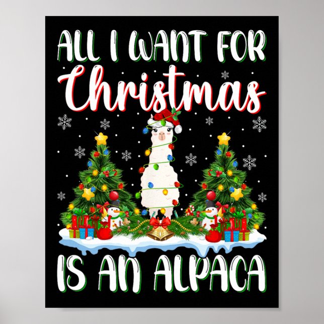Poster Je Veux Pour Noël Est Un Alpaca Lumières Arbre (Devant)