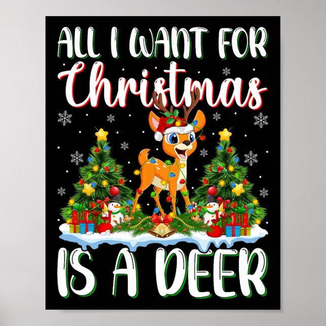 Poster Je Veux Pour Noël Est Un Deer Xmas Lumières Arbre (Devant)