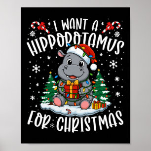 Poster Je veux un Noël hippopotame Xmas amateur d'hippo W