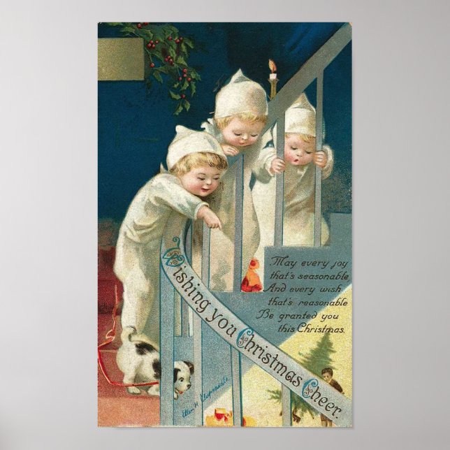 Poster Je vous souhaite Noël Joyeux enfants, chien sur la (Devant)
