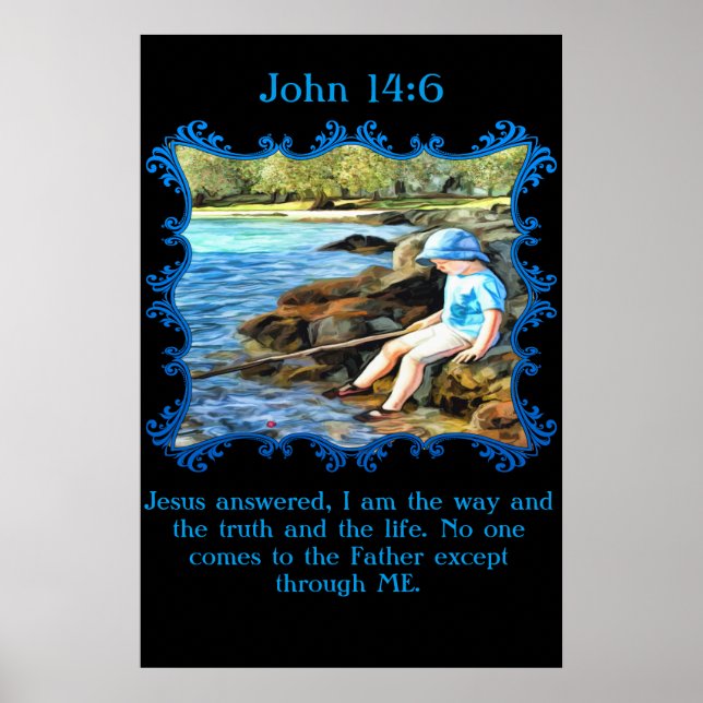 Poster Jean 14:6 Enfant garçon pêche dans la rivière. (Devant)