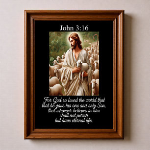 Poster Jean 3:16 Bon Pasteur berçant agneau troupeau bâto