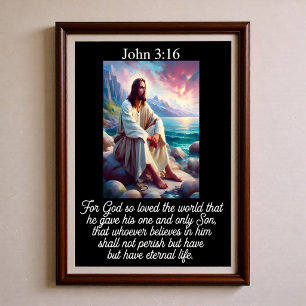 Poster Jean 3:16 Jésus assis au coucher du soleil sur une