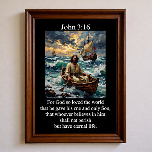 Poster Jean 3:16 Jésus maniant un bateau en bois sur une