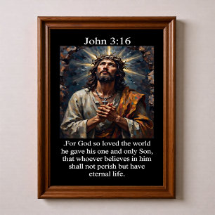 Poster Jean 3:16 Jésus priant Couronne d'épines Croix 