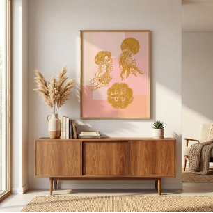 Poster Jellyfish Vintage Ocean Illustration rose et or