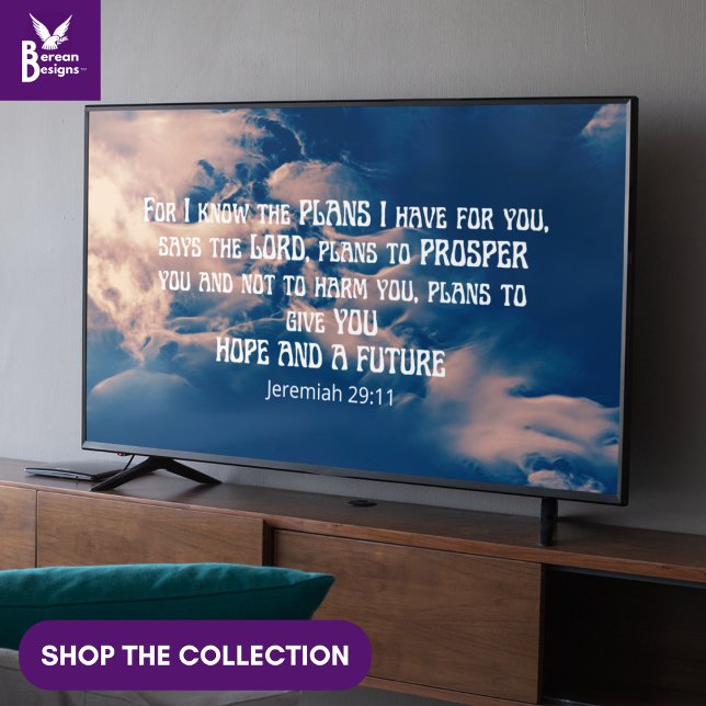 Poster JEREMIAH 29:11 Christian Frame Art TV (Christian Jeremiah 29:11 Bible verse with heavenly clouds wall art for display TV)