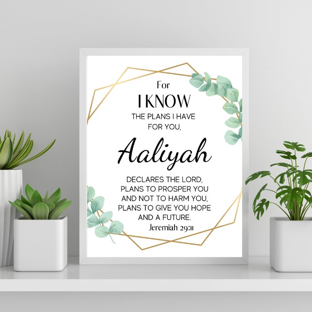 Poster Jeremiah 29:11 Eucalyptus Personnaliser (For I know the plans for you Jeremiah 29:11 Personalize Scripture Name Eucalyptus)