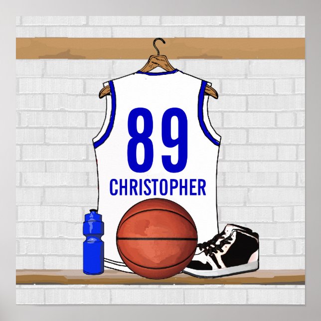Poster Jersey de basketball blanc et bleu personnalisé (Devant)