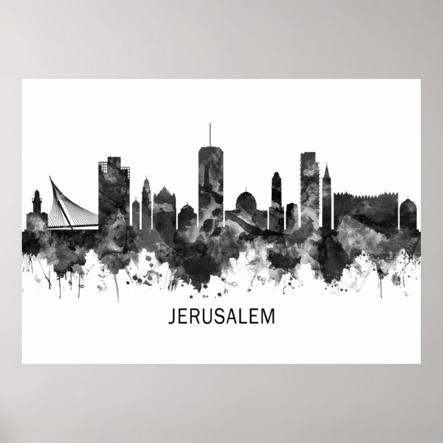 Poster Jérusalem Israël Skyline BW (Devant)
