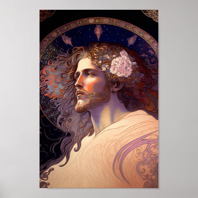 Poster Jésus aux fleurs dans les cheveux par Mucha AI Gén (Devant)