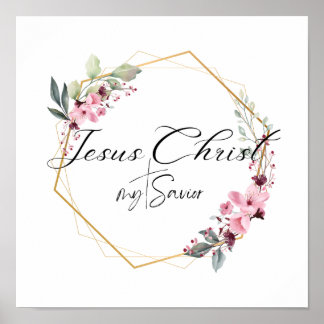 Poster Jésus Christ mon Sauveur Cadre Floral Or
