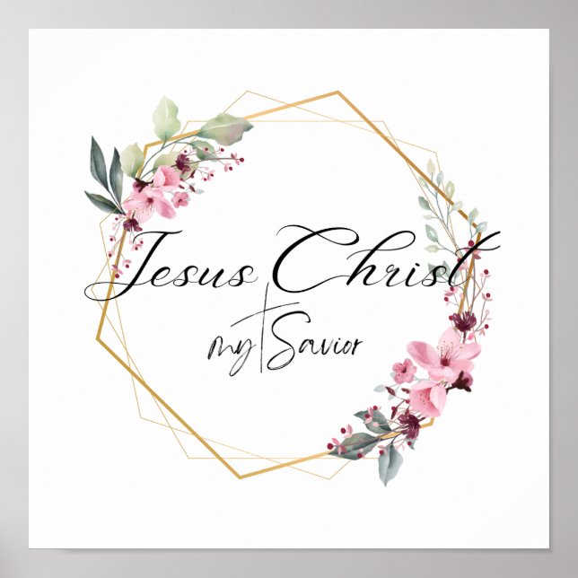 Poster Jésus Christ mon Sauveur Cadre Floral Or (Devant)
