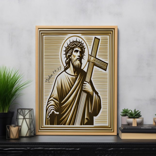 Poster Jésus embrasse la Croix d'Or avec compassion (Créateur téléchargé)