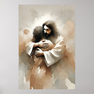 Poster Jésus Enlaçant Une Femme Aquarelle Inspirante