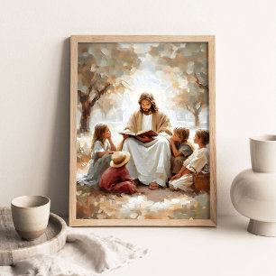 Poster Jésus enseignant aux enfants, Art chrétien numériq