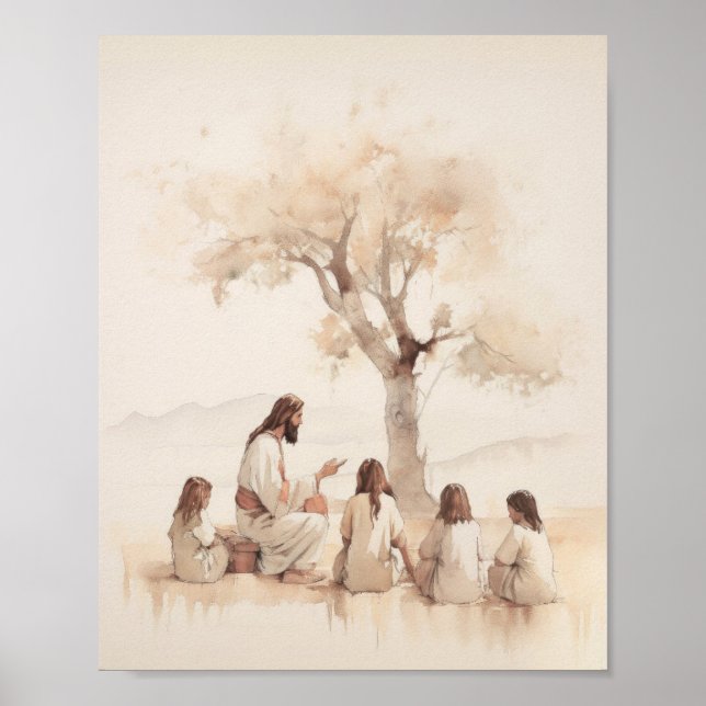 Poster Jésus Enseigner les enfants - Aquarelle numérique (Devant)