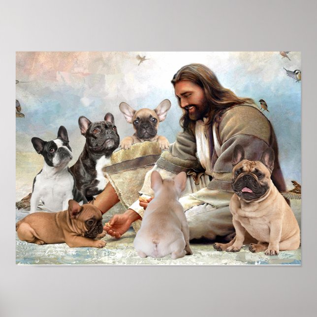 Poster Jésus entouré B? y Chien de taureau français (Devant)