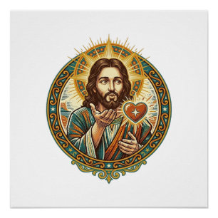Poster Jésus envoie un baiser Cœur rouge Bouton J'aime Hu