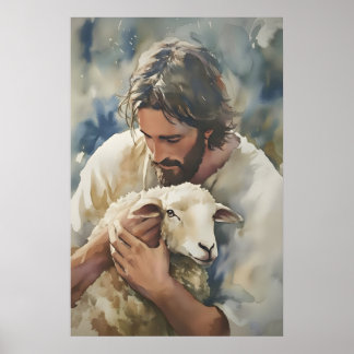 Poster Jésus et agneau Art imprimé aquarelle chrétien