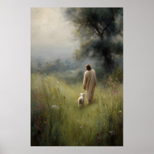 Poster Jésus et agneau Le Bon Berger Brebis perdue Jésus