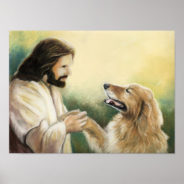 Poster Jésus et Golden Retriever Dog Art Imprimer (Devant)