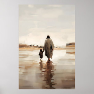 Poster Jésus et la petite fille Scène biblique à l'aquare