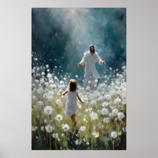 Poster Jésus et petite fille dans le champ de pissenlits