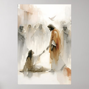 Poster Jésus guérissant la femme Aquarelle Miracle bibliq