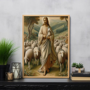 Poster Jésus guidant les moutons à travers des pâturages 