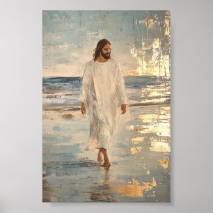Poster Jésus marche sur l'eau en vêtements blancs