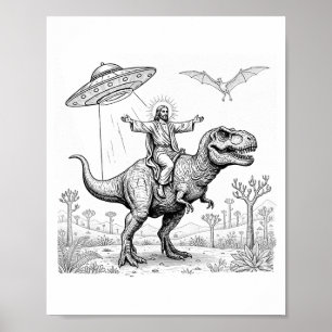 Poster Jésus montant un dinosaure T-rex Ufo chassant un a