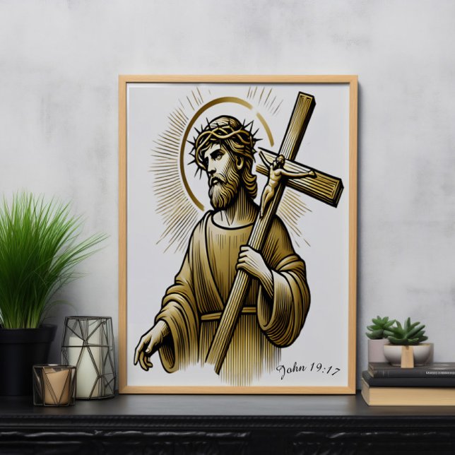 Poster Jésus portant Croix d'or avec grâce (Créateur téléchargé)