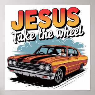 Poster Jésus prend la voiture Vintage de roue