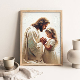 Poster Jésus priant avec une fille, peinture chrétienne,