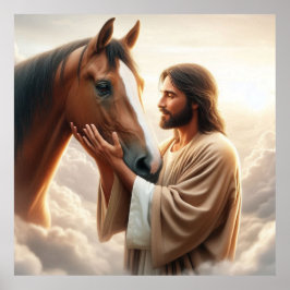 Poster Jésus réconfortant un cheval au ciel