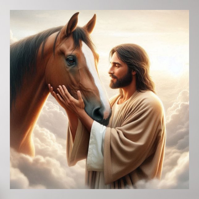 Poster Jésus réconfortant un cheval au ciel (Devant)