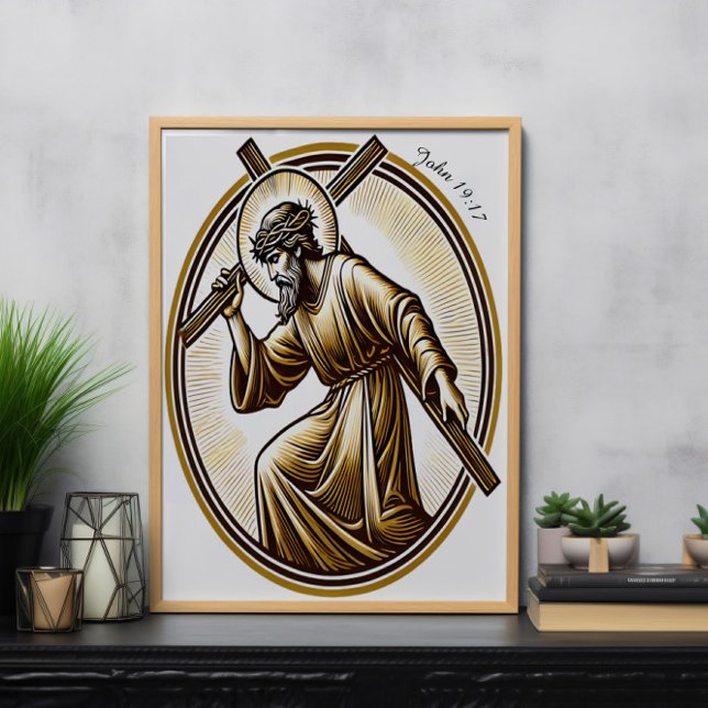 Poster Jésus tenant la croix d'or de manière réversible (Créateur téléchargé)